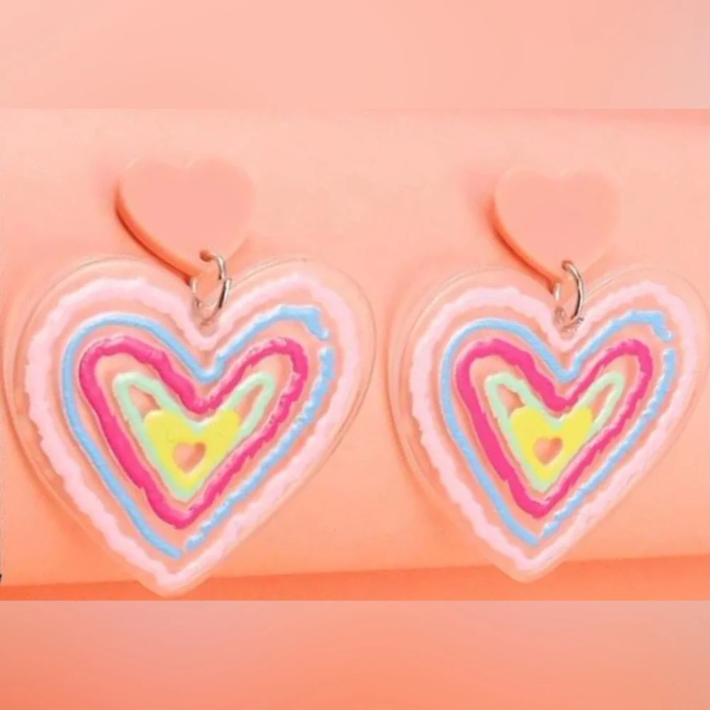 Neon Heart Maze- Puffy Paint Dimensional Concentric Rainbow Festival Rave Dangle